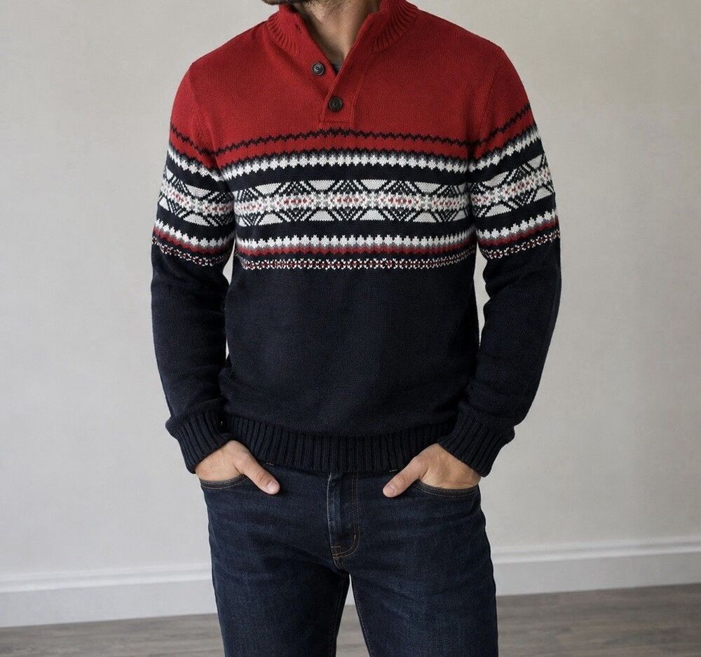 Chaps Mens M Fair Isle Mock Neck Sweater Red Navy 100% Cotton Holiday